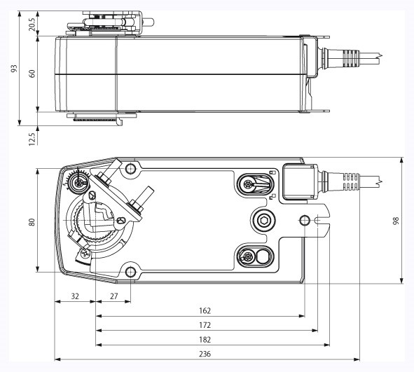 Электроприводы для воздушных клапанов с возвратной пружиной Systemair SF230A - технический рисунок