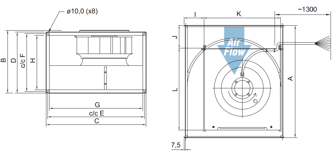 Промышленные вентиляторы для прямоугольных каналов Systemair RS 100-50 L3 - технический рисунок