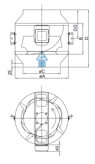 Вентиляторы для круглых каналов Systemair KD 450 M1 - технический рисунок