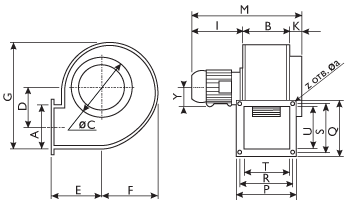 Центробежные взрывозащищенные промышленные вентиляторы O.ERRE CB 240 2M Ex-ATEX - технический рисунок