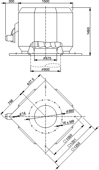 Высокотемпературные крышные вентиляторы Systemair DVV 1000D6-8-XL/120°C - технический рисунок
