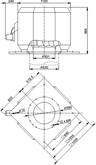 Высокотемпературные крышные вентиляторы Systemair DVV 630D4-6-XL/120°C - технический рисунок