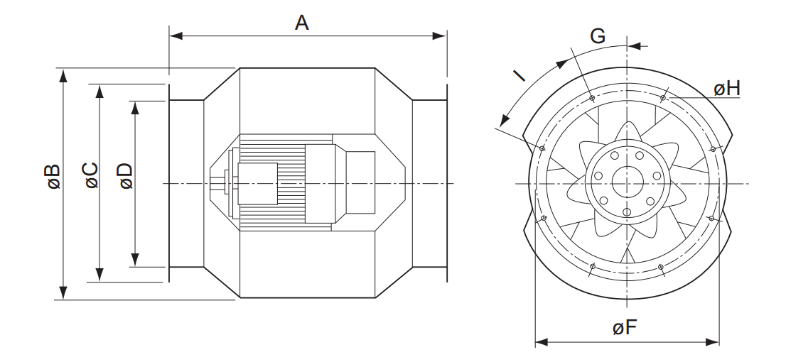 Высокотемпературные осевые вентиляторы Systemair AXCBF 400D4-32 - технический рисунок